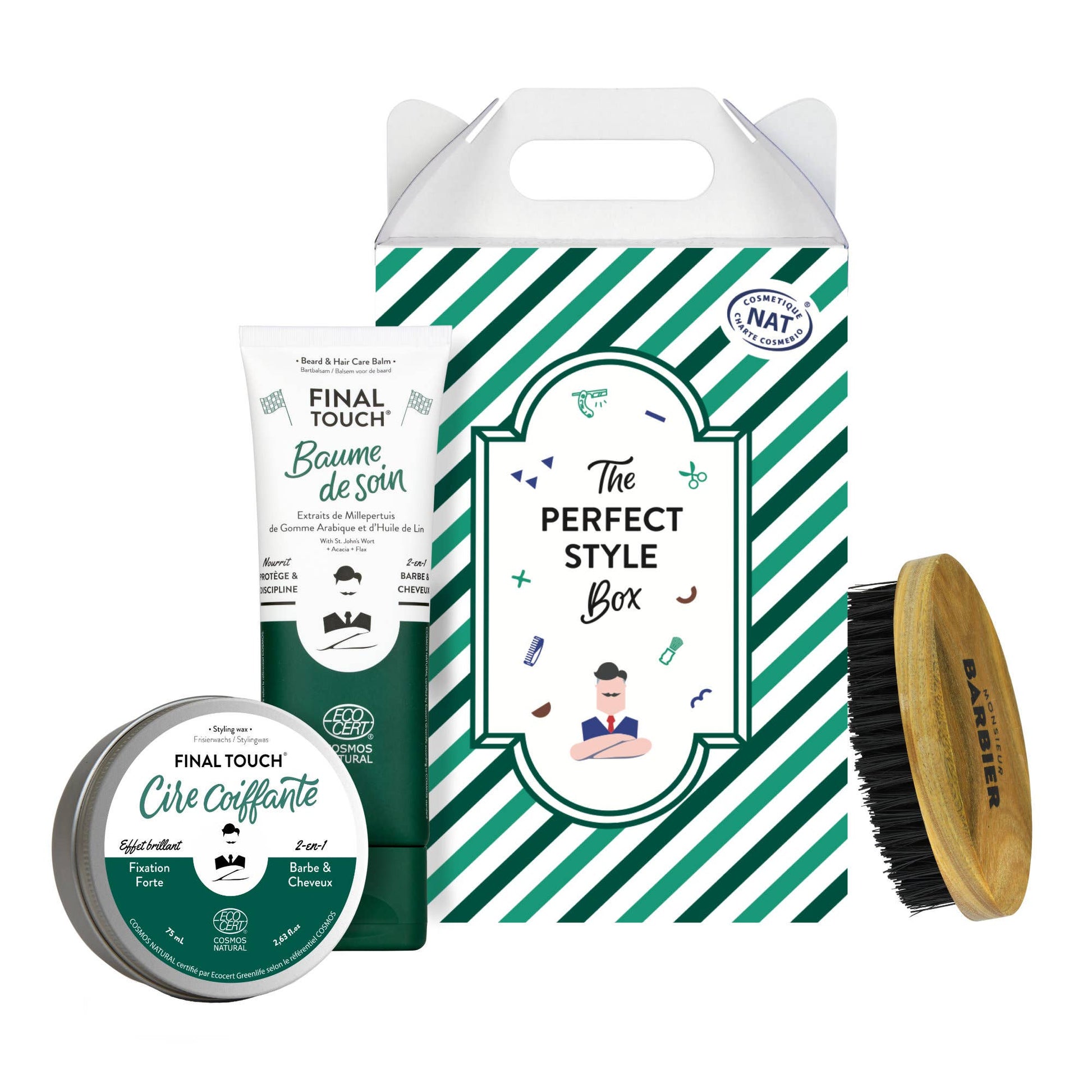 Perfect Style Geschenkbox von Monsieur Barbier mit natürlicher Haar- und Bartpflege, Stylingbalsam, Stylingwachs und Stylingbürste – zertifizierte Naturkosmetik, vegan und tierversuchsfrei, hergestellt in Frankreich