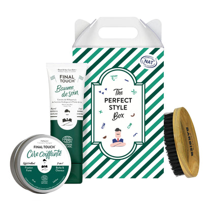 Perfect Style Geschenkbox von Monsieur Barbier mit natürlicher Haar- und Bartpflege, Stylingbalsam, Stylingwachs und Stylingbürste – zertifizierte Naturkosmetik, vegan und tierversuchsfrei, hergestellt in Frankreich