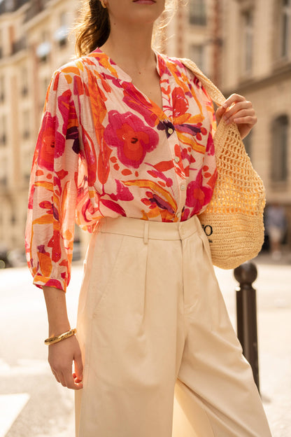 Fließende Saint Tropez Bluse mit Orange Pink Muster