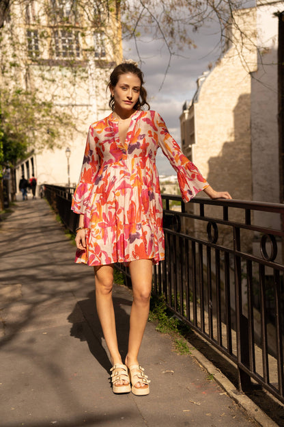 Kurzes Sommerkleid aus Viskose und Seide in Orange